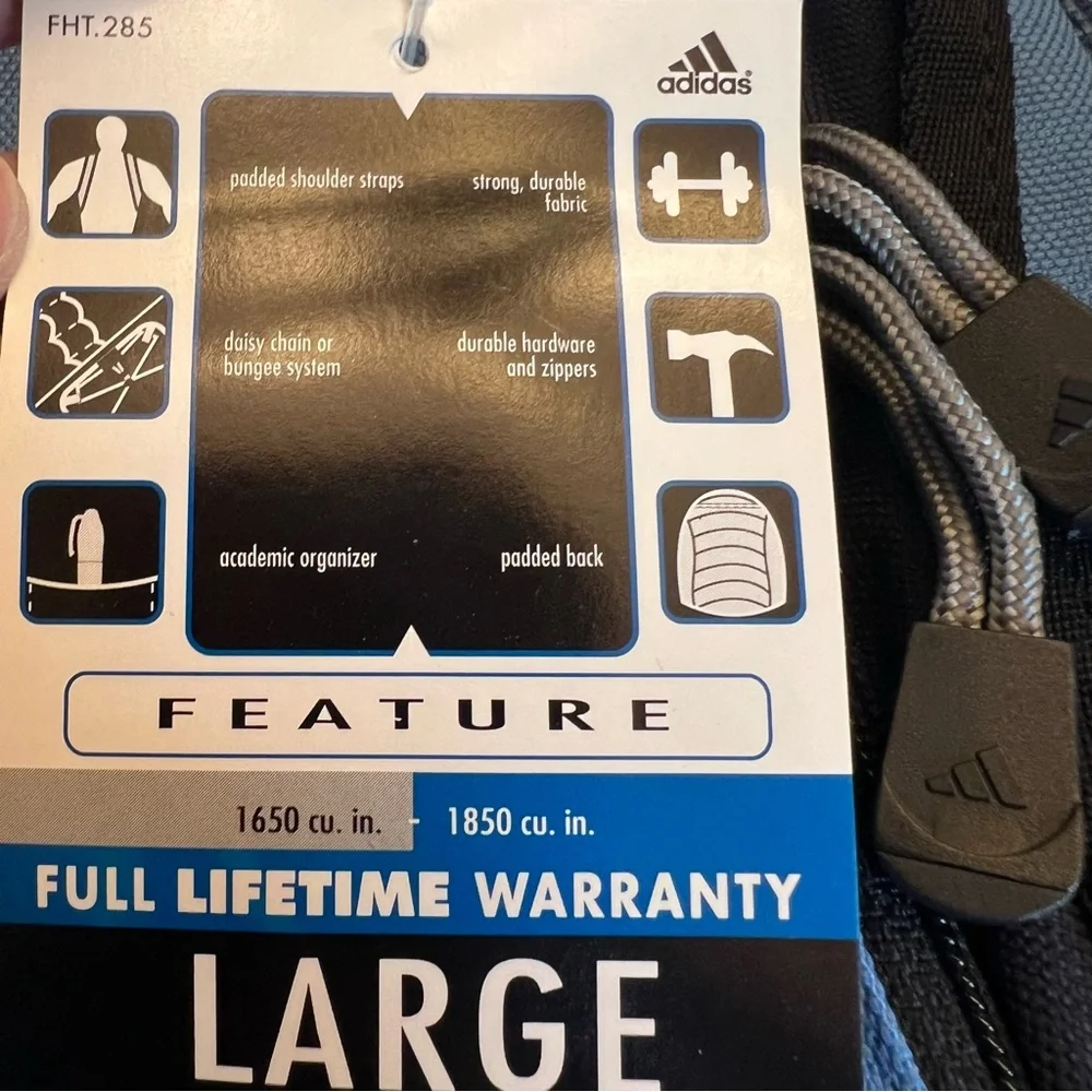 Vintage Steel Blue/Black/Gray Backpack with Bungee Straps by Adidas. NWT
